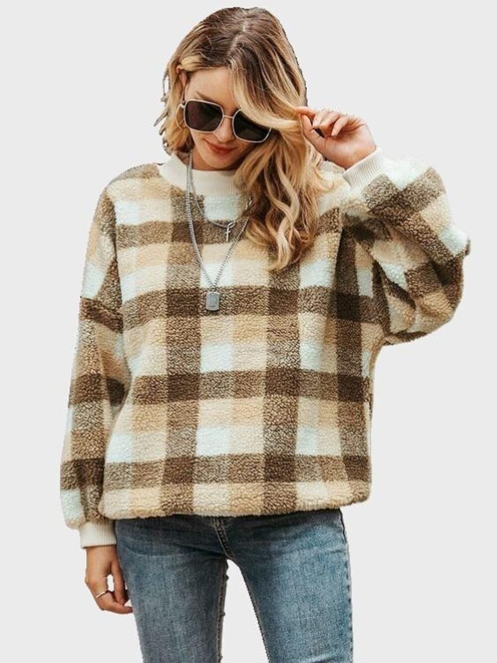 Simplee Gingham Womens Sweater Size L Drop Shoulder Teddy Pullover Oversized